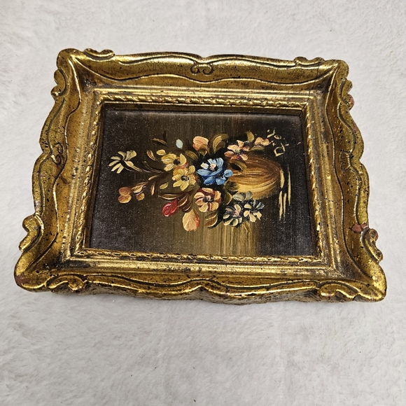Vtg Italian Still Life Painting Vase Flowers Boutique Ornate Embossed Frame DOL? - Picture 4 of 8